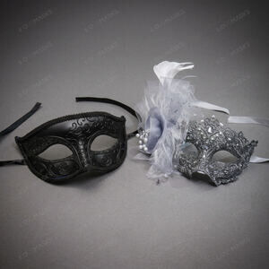 Venetian Swirl Floral Lace Masquerade Mask Black Silver Halloween
